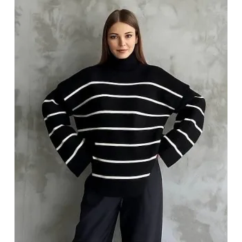 Çizgili ispanyol kol triko boğazlı kazak siyah elf