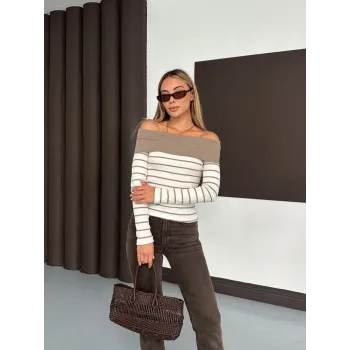 Çizgili madonna yaka kaşkorse bluz bej a844