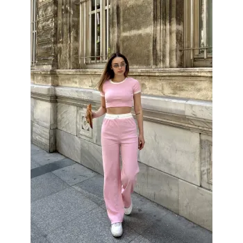 Crop pantolon biyeli takım pembe