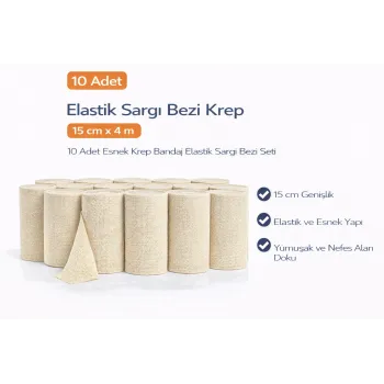 Elastik Sargı Bezi Krep 15 cm x 4 m 10 Adet Esnek Krep Bandaj Elastik Sargı Bezi Seti