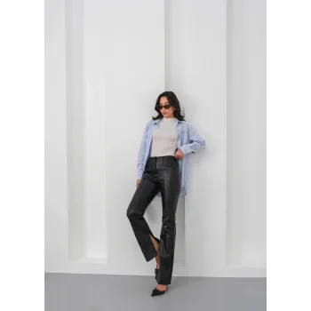 İspanyol yırtmaçlı paça deri pantolon siyah hn