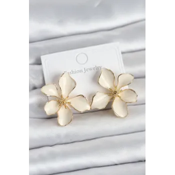 Krem Mineli Çiçek Model Pirinç Kadın Küpe