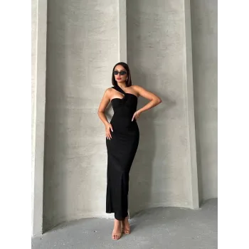 Krinkıl tek omuz uzun elbise siyah s25455