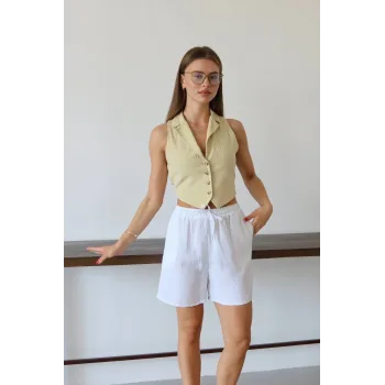 Müslin kumaş şort bağcıklı beyaz pt