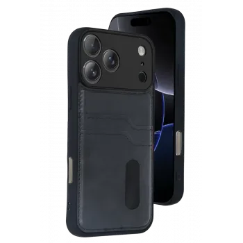 Newface Apple iPhone 17 Pro Max Sara Kartvizitli Deri Kılıf - Siyah