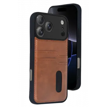 Newface Apple iPhone 17 Pro Sara Kartvizitli Deri Kılıf - Taba