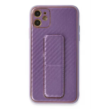 Newface iPhone 12 Kılıf Coco Karbon Standlı Kapak - Mor