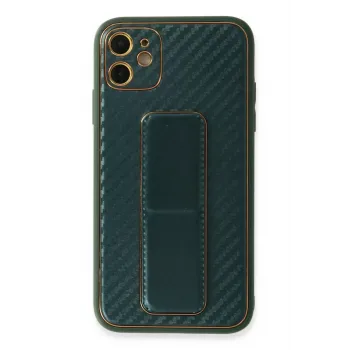 Newface iPhone 12 Kılıf Coco Karbon Standlı Kapak - Yeşil