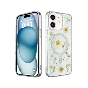 Newface iPhone 12 Kılıf Daisy Simli Magsafe Kapak - Gümüş