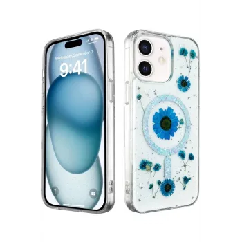 Newface iPhone 12 Kılıf Daisy Simli Magsafe Kapak - Mavi