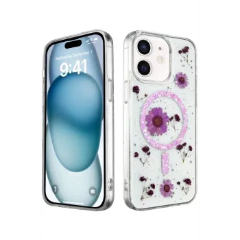 Newface iPhone 12 Kılıf Daisy Simli Magsafe Kapak - Mor