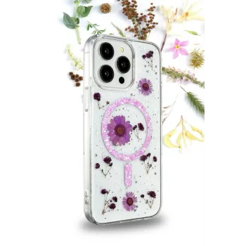 Newface iPhone 14 Pro Max Kılıf Daisy Simli Magsafe Kapak - Mor