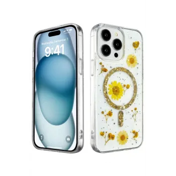 Newface iPhone 15 Pro Kılıf Daisy Simli Magsafe Kapak - Gold