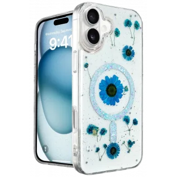 Newface iPhone 16 Kılıf Daisy Simli Magsafe Kapak - Mavi