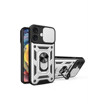 Newface iPhone 16 Kılıf Pars Lens Yüzüklü Silikon - Gümüş