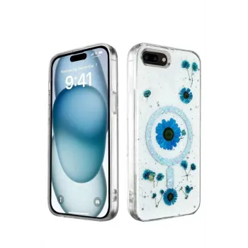 Newface iPhone 7 Kılıf Daisy Simli Magsafe Kapak - Mavi