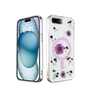 Newface iPhone 7 Plus Kılıf Daisy Simli Magsafe Kapak - Mor