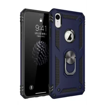 Newface iPhone XR Kılıf Sofya Yüzüklü Silikon Kapak - Lacivert