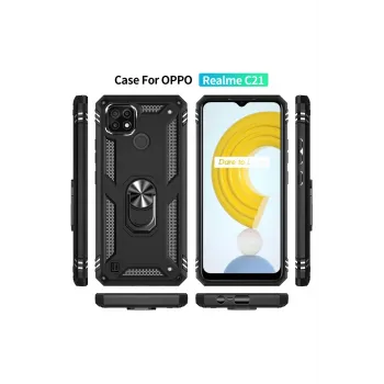 Newface Realme C21 Kılıf Sofya Yüzüklü Silikon Kapak - Siyah