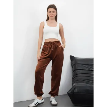 Paça lastikli kadife eşofman kahve md34