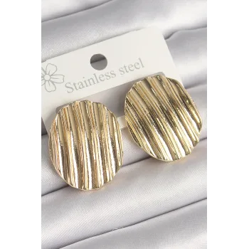 Pirinç Gold Renk İşlemeli Daire Plaka Model Kadın Küpe