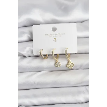 Pirinç Gold Renk Yonca Model 3'lü Kadın Küpe Seti