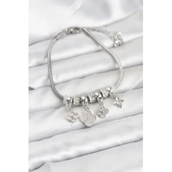 Pirinç Gümüş Renk Yonca Model Kadın Bileklik