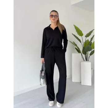 Polo yaka alt üst kollu modal takım siyah pt