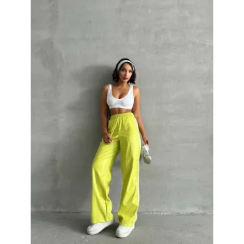 Şeritli deri pantolon yeşil h26430