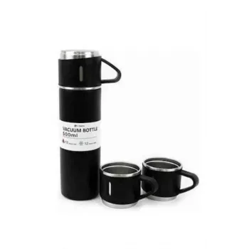 Termos Paslanmaz Çelik Termos Siyah Renk 3 Bardaklı Termos Seti