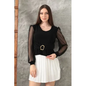 Tokalı tül kollu bluz siyah t4071