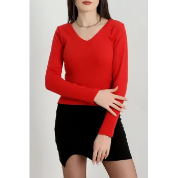 V yaka kaşkorse bluz kırmızı a3699