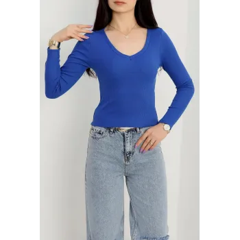 V yaka kaşkorse bluz saks mavisi a3699