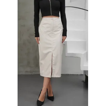 Yırtmaçlı uzun deri etek krem