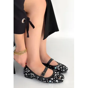 Zaty Siyah Süet Gümüş Pullu Babet Ayakkabı