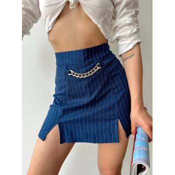 Zincir detaylı çizgili şort etek