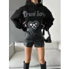 3 iplik şardonlu oversize true baskılı sweat siyah