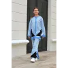Çizgili bisiklet yaka triko takım Mavi