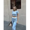 Crop pantolon biyeli takım mavi
