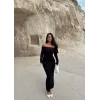Madonna yaka esnek kumaş elbise siyah