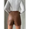 Parçalı cepli deri şort taba w26312