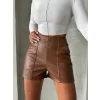 Parçalı cepli deri şort taba w26312