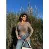 V yaka çizgili bluz bej A3699