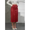 Yırtmaçlı uzun deri etek bordo