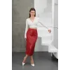 Yırtmaçlı uzun deri etek bordo