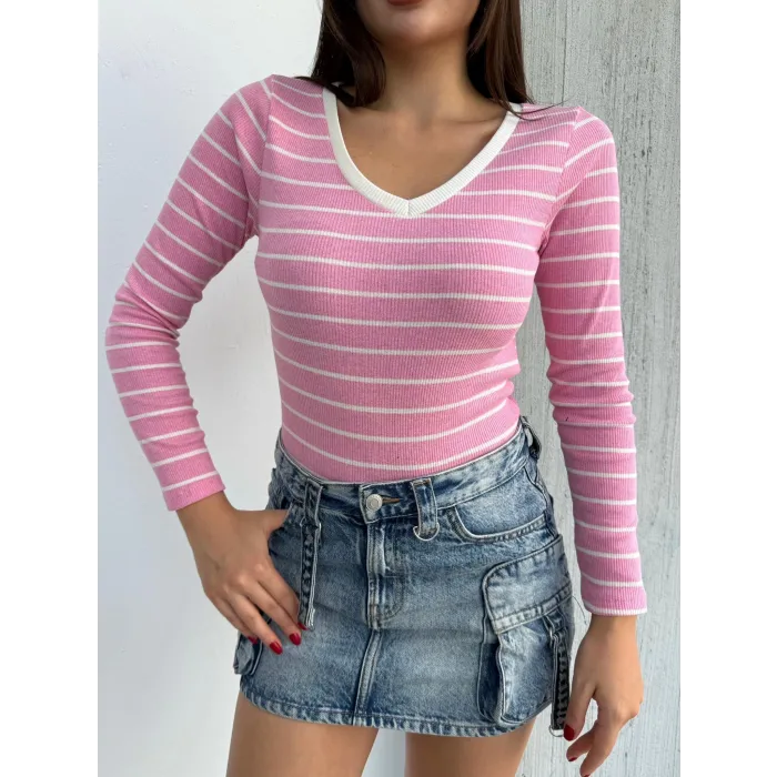 V yaka çizgili bluz pembe A3699