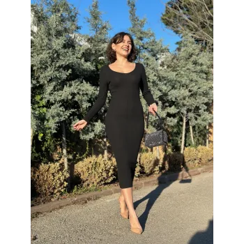 V yaka Uzun kollu midi boy elbise siyah A3154