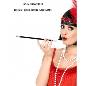 1920&apos;ler 1990&apos;lar Gatsby Kadın Aksesuar Seti – Kırmızı Charleston Saç Bandı Ve Sigaralık