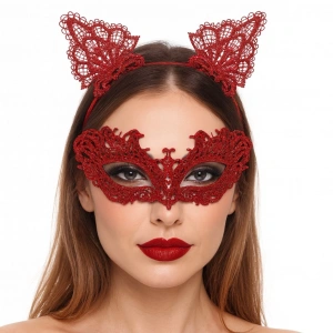 Şık Kırmızı Dantel Maske Ve Taç Seti 5 No – Maskeli Balo &amp;amp; Özel Etkinlikler