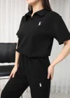 Siyah Polo Yaka Minimal Logo Detaylı Premium Spor Takım